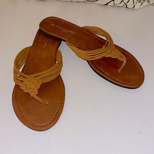 Charles Albert cognac brown thong sandals strappy front woven detailing